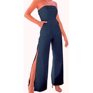 Pinbara Dark Blue Strapless Jumpsuit Split Wide-leg Small